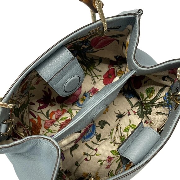 Auth GUCCI Bamboo Shopper 336032 Light Blue Brown Leather Bamboo - Tote Bag - Picture 15 of 16